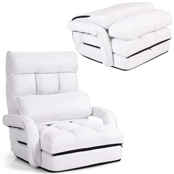 Folding Lazy Sofa Floor Chair with 6-Position Adjustable Backrest, Lumbar Pillow & Armrests, Indoor Chaise Lounge Sofa for Gaming, Living Room